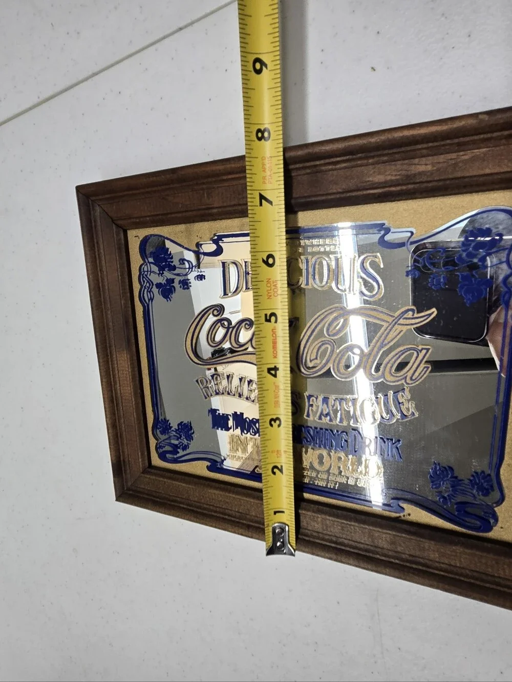 Vintage Delicious Coca Cola Relieves Fatigue Wood Framed  Mirror Blue Lettering